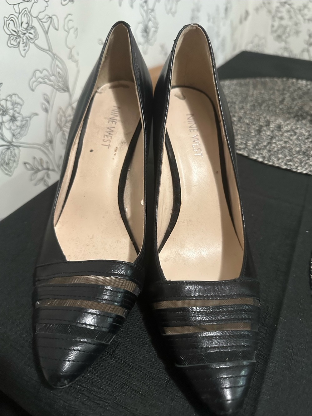 Nine West Black Pointed-Toe Heels with Sheer Stripe Detail